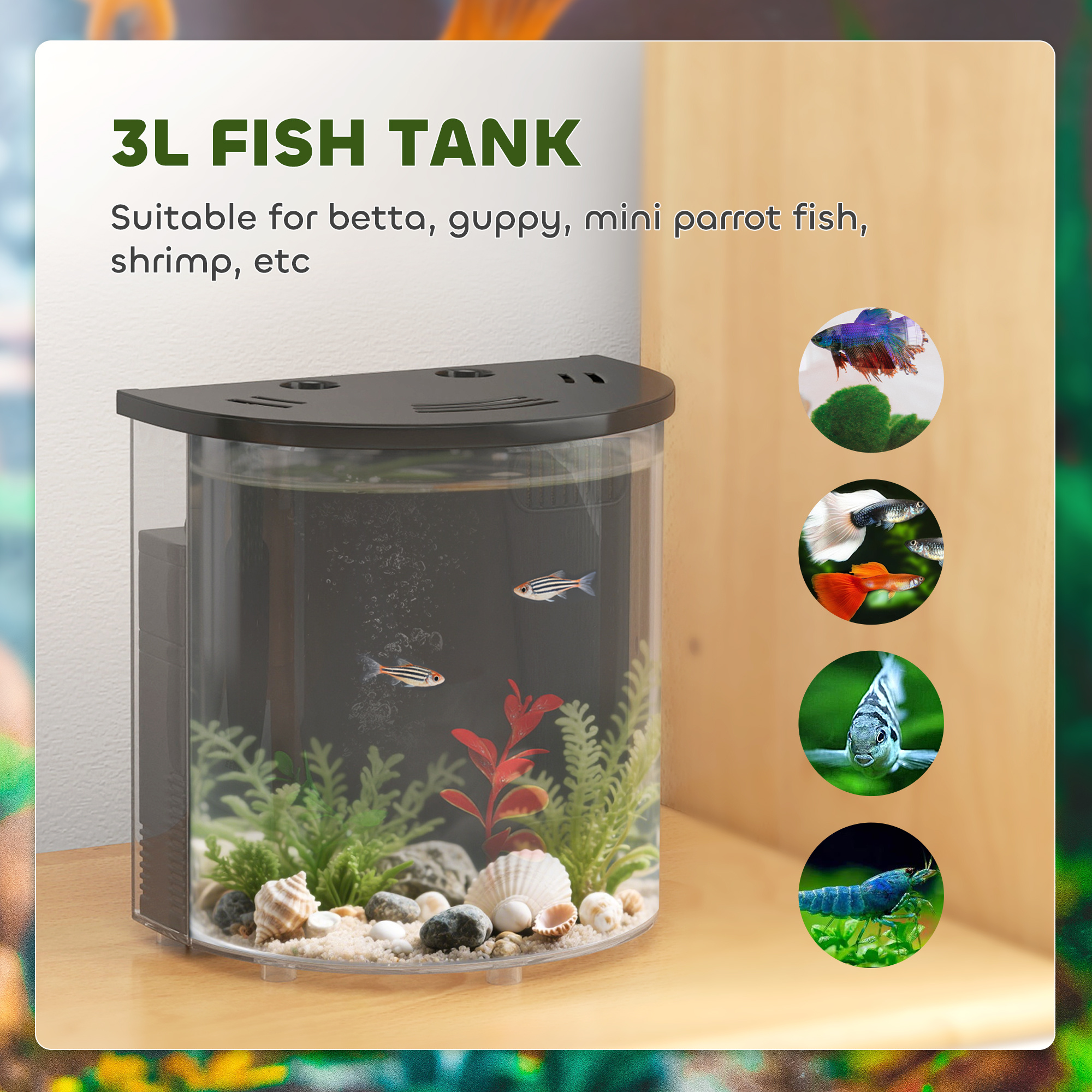 PawHut 3L Small Fish Tank With Filter System, LED Light, Small Fish Tank For Betta, Shrimp, Black - Image 3