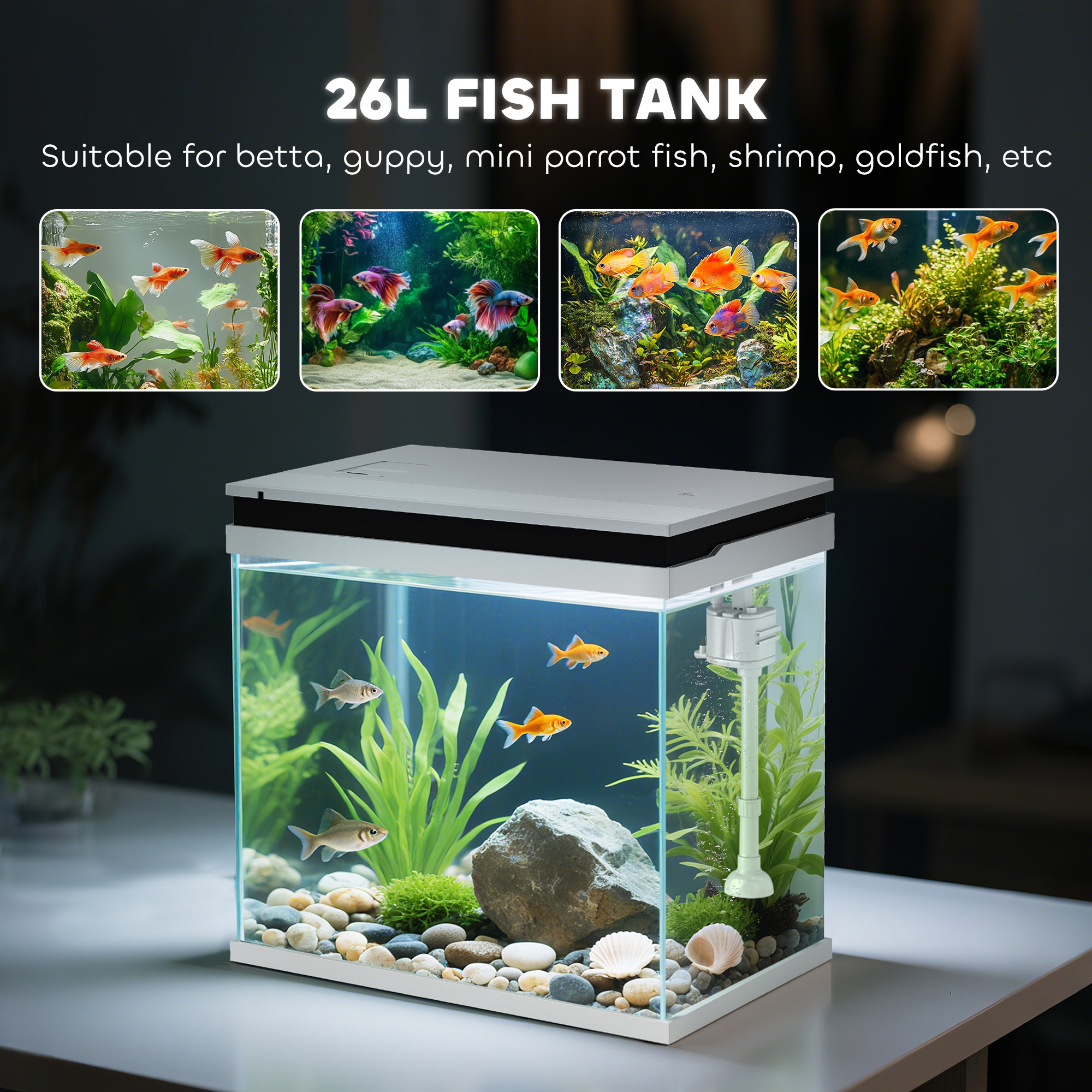 PawHut 26L Glass Fish Tank With Filter System, LED Lights, Water Pump, White - Image 5